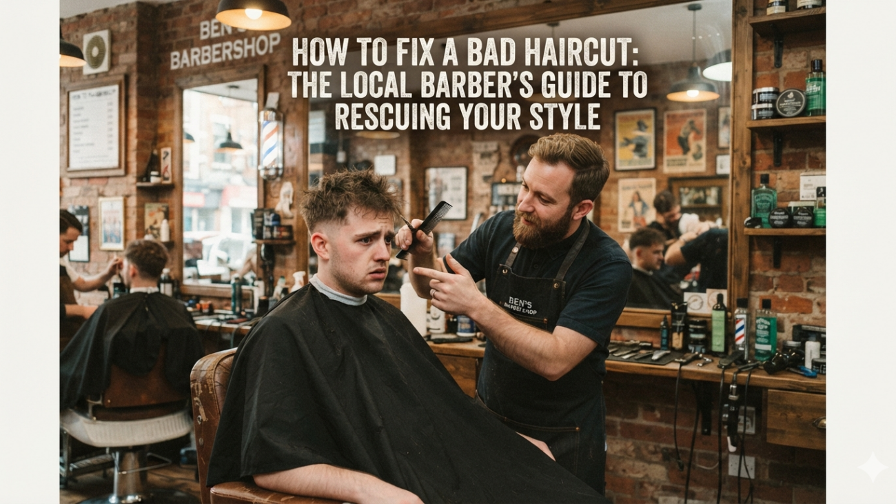 Before-and-after comparison showing how a bad haircut can be corrected with a clean, professionally blended fade and polished hairstyle.