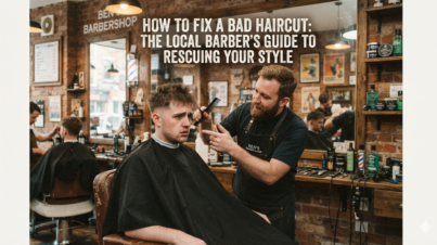 Before-and-after comparison showing how a bad haircut can be corrected with a clean, professionally blended fade and polished hairstyle.