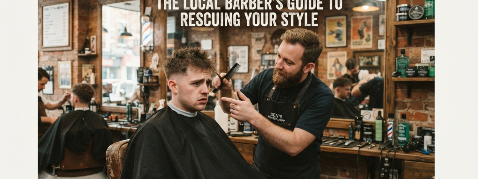 Before-and-after comparison showing how a bad haircut can be corrected with a clean, professionally blended fade and polished hairstyle.