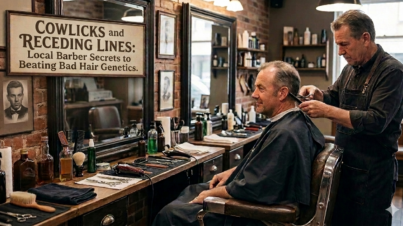 Man with a textured haircut and clean fade styled to manage a cowlick and receding hairline, demonstrating professional barber techniques.