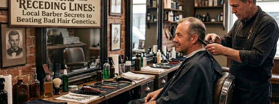 Man with a textured haircut and clean fade styled to manage a cowlick and receding hairline, demonstrating professional barber techniques.