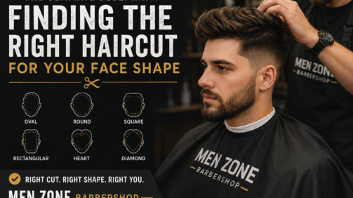 A professional barber gives a modern haircut to a male client, with face-shape guides for oval, round, square, rectangular, heart, and diamond faces. MEN ZONE Barbershop branding is visible.