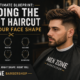 A professional barber gives a modern haircut to a male client, with face-shape guides for oval, round, square, rectangular, heart, and diamond faces. MEN ZONE Barbershop branding is visible.