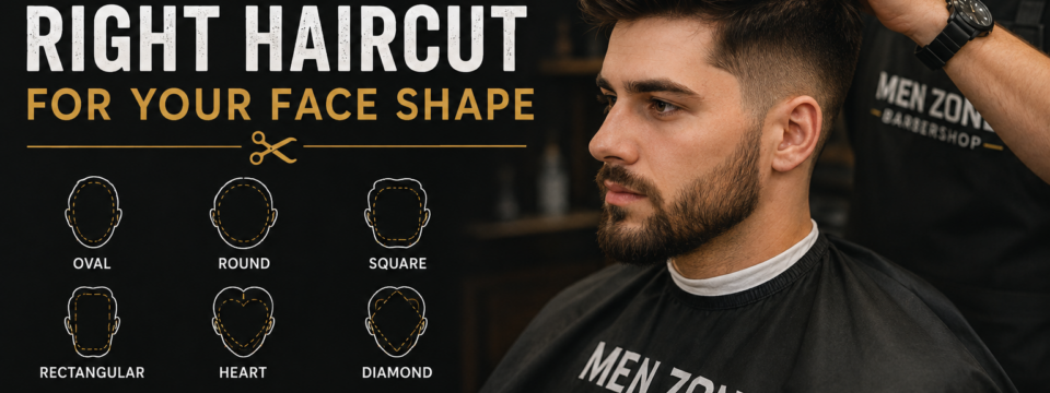 A professional barber gives a modern haircut to a male client, with face-shape guides for oval, round, square, rectangular, heart, and diamond faces. MEN ZONE Barbershop branding is visible.
