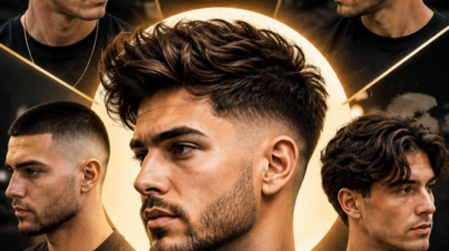 Five modern men’s haircut styles displayed in a stylish barbershop collage, featuring textured, curly, faded, slicked-back, and wavy hairstyles.