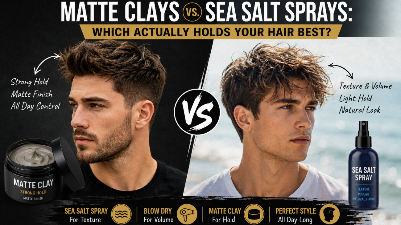 Matte clay vs sea salt spray comparison showing men’s textured hairstyles, strong hold, natural volume, and styling tips from MEN ZONE Barbershop in Oshawa.