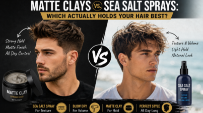 Matte clay vs sea salt spray comparison showing men’s textured hairstyles, strong hold, natural volume, and styling tips from MEN ZONE Barbershop in Oshawa.
