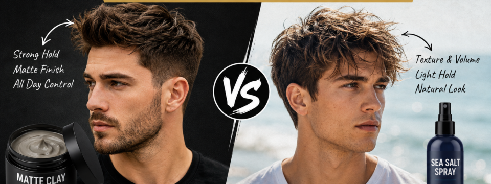 Matte clay vs sea salt spray comparison showing men’s textured hairstyles, strong hold, natural volume, and styling tips from MEN ZONE Barbershop in Oshawa.